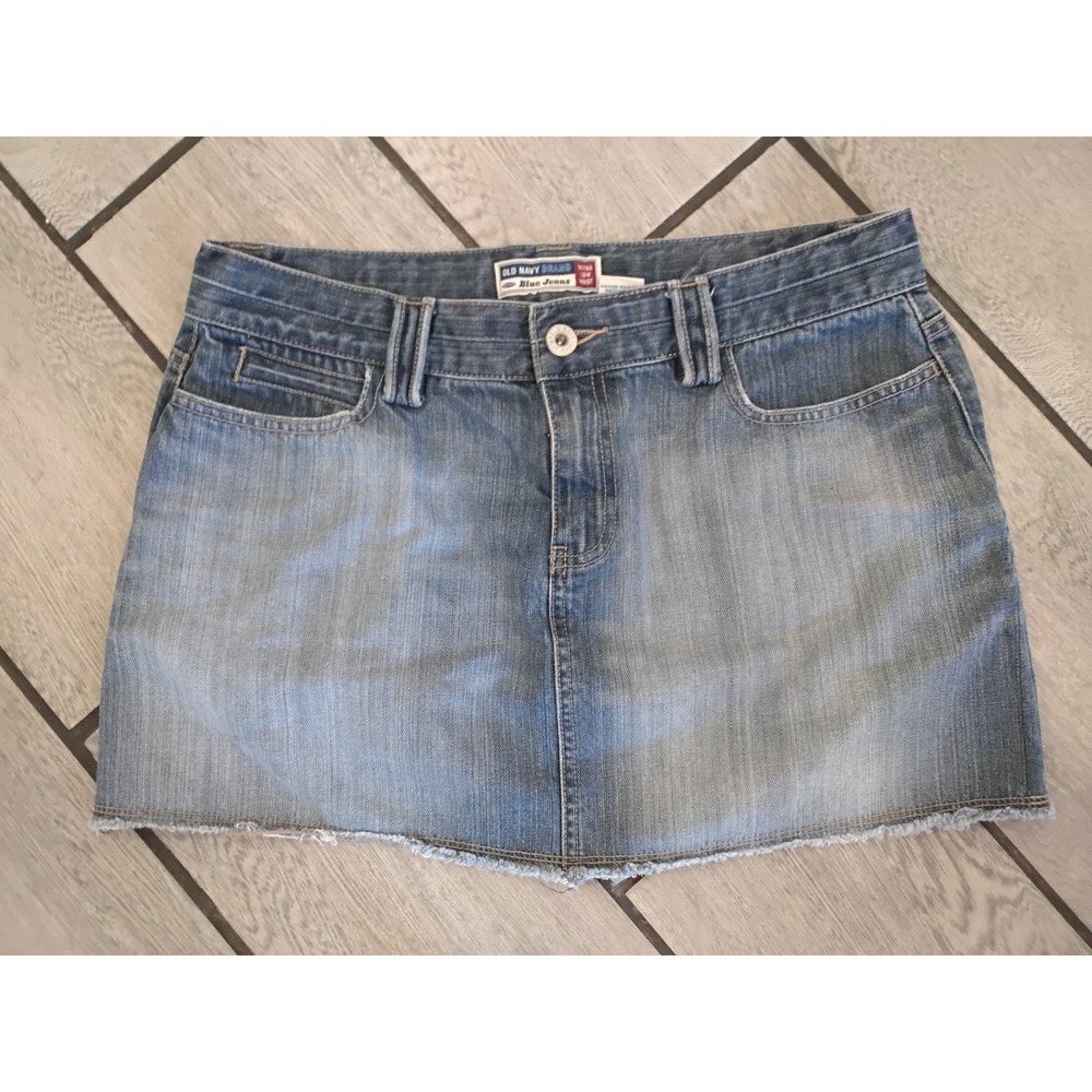 Old‎ Navy Ultra Low Waist Denim Mini Skirt Blue Jean Raw Hem Y2K 100% Cotton-10